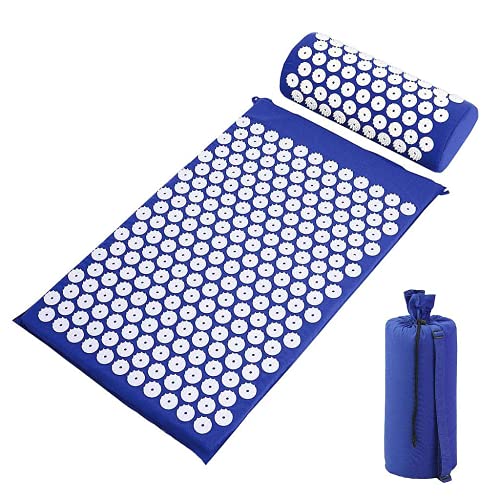 Leogreen - Alfombra de Acupuntura y Juego de Almohadas, Estera Set de Masaje, Azul, con bolsa y almohada, Estándar/Certificación: ROHS, Numero de clavos: 230 piezas en la estera