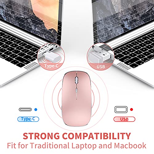 Leolee Ratón Inalámbrico Recargable, 2.4G Silencioso Mini Ultra Delgado Ratón Inalámbrico con 1600DPI, Nano USB/Tipo C Receptor Dual Mouse Portátil para PC, Portátil, Macbook, Chromebook (Oro Rosa)