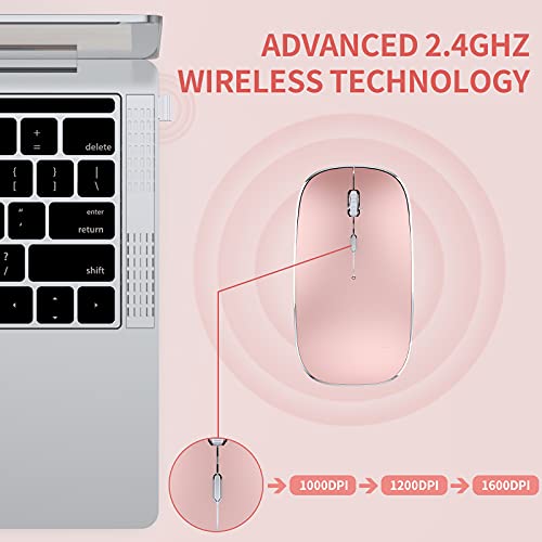 Leolee Ratón Inalámbrico Recargable, 2.4G Silencioso Mini Ultra Delgado Ratón Inalámbrico con 1600DPI, Nano USB/Tipo C Receptor Dual Mouse Portátil para PC, Portátil, Macbook, Chromebook (Oro Rosa)