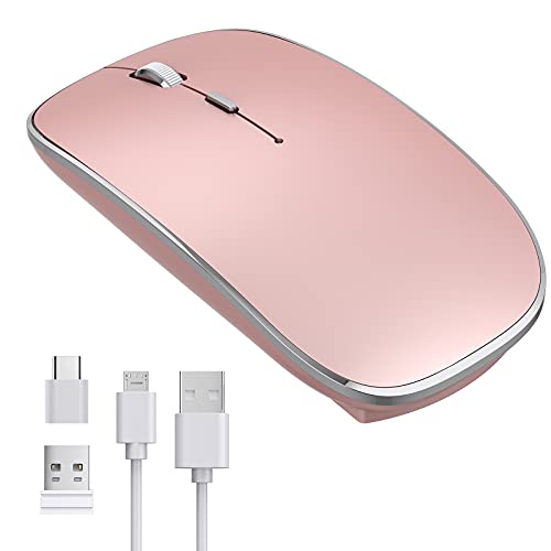 Leolee Ratón Inalámbrico Recargable, 2.4G Silencioso Mini Ultra Delgado Ratón Inalámbrico con 1600DPI, Nano USB/Tipo C Receptor Dual Mouse Portátil para PC, Portátil, Macbook, Chromebook (Oro Rosa)