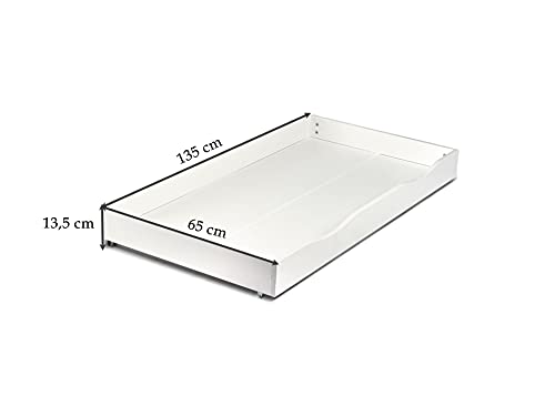 Leomark Blanco Cama Infantil Completa de Madera - Estilo Escandinavo - Marco de Cama, Colchón, Somier, cajón, Blanco Muebles para Niños, Moderno Dormitorio, Impresa Mobiliario, Espacio para Dormir: 140/70 cm