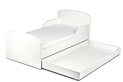 Leomark Blanco Cama Infantil Completa de Madera - Estilo Escandinavo - Marco de Cama, Colchón, Somier, cajón, Blanco Muebles para Niños, Moderno Dormitorio, Impresa Mobiliario, Espacio para Dormir: 140/70 cm