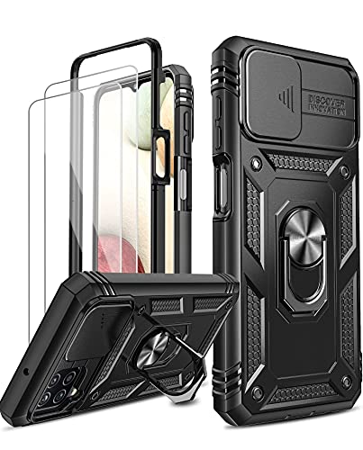 LeYi Funda para Samsung Galaxy A12 / M12 / A12 Nacho con [2-Unidades] Cristal Vidrio Templado,Armor Carcasa Cubierta de cámara Deslizante Proteger con 360 Anillo Soporte PC y Silicona TPU Case,Negro