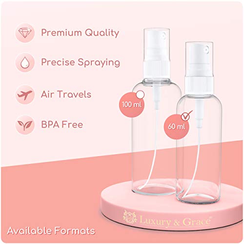 LG Luxury & Grace Pack 16 Botellas de Spray, 60 ml. Botes Pulverizadores de Polietileno Transparente. Botellas Rellenables para Viajes. Envases Atomizadores para Perfumes y Cosméticos.