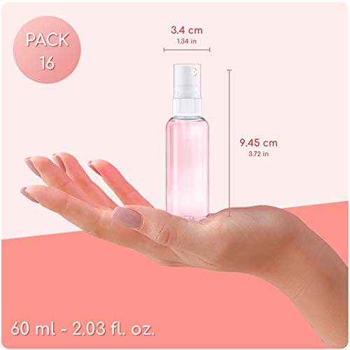 LG Luxury & Grace Pack 16 Botellas de Spray, 60 ml. Botes Pulverizadores de Polietileno Transparente. Botellas Rellenables para Viajes. Envases Atomizadores para Perfumes y Cosméticos.