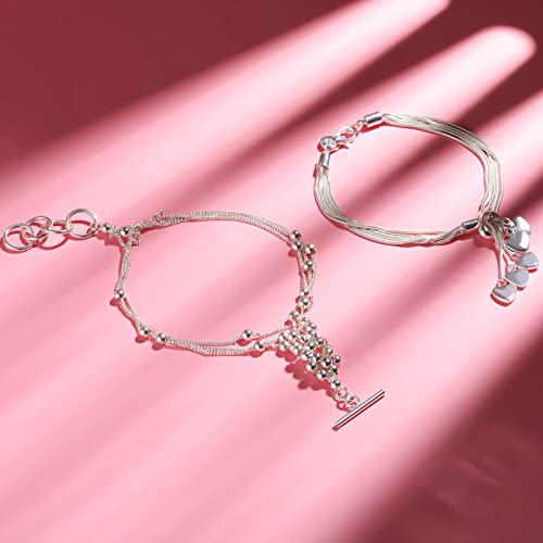 Lictin Pack de 2 Pulseras de Mujeres Plateada de Plata 925 Estilo Borla Corazon Fleco Brazalete de Mujer 20cm Regalo Cumpleaños Navidad El día de San Valentin Boda