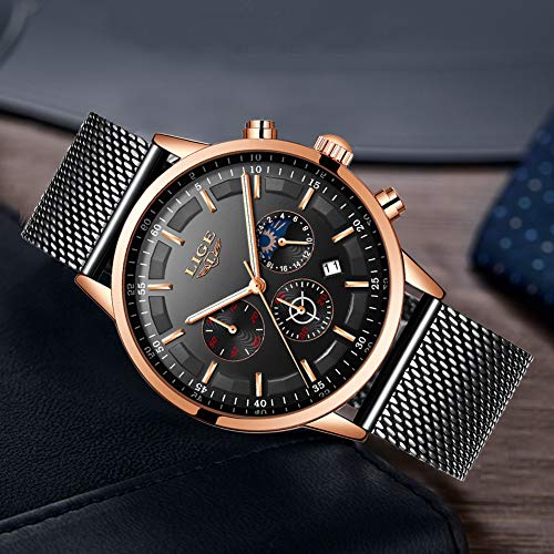 LIGE La Moda Relojes Hombre Negocios Impermeable Cuarzo simulado Reloj Fase Lunar Negro Acero Inoxidable Cinturón de Malla Relojes de Pulsera