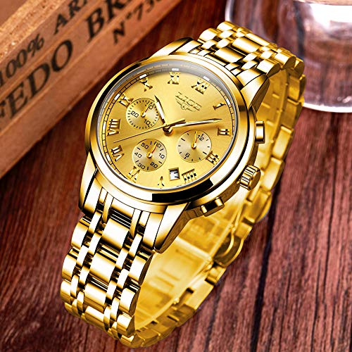 LIGE Relojes de Pulsera Acero Inoxidable Negocios Cuarzo Analógico Relojes Elegantes Dorados Moda Vestir Reloj