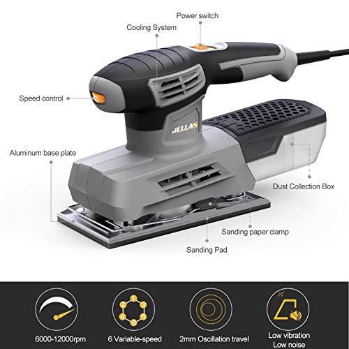 Lijadora Orbital, Jellas 220W 6000-12000RPM Lijadora Eléctrica, Lijadora con 6 Velocidades Variables y Sistema Recolección de Polvo, 90 * 187mm Base de Lijado, 12 Papeles de Lija, SS220