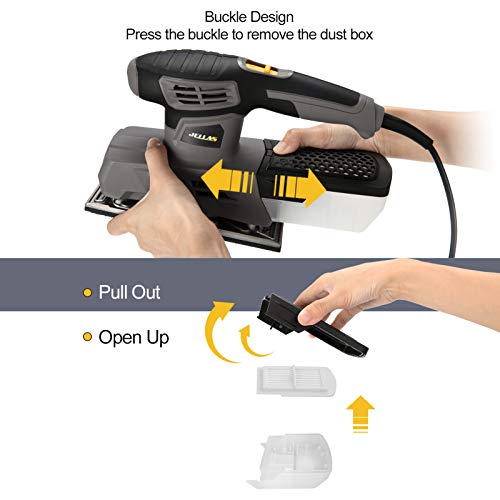 Lijadora Orbital, Jellas 220W 6000-12000RPM Lijadora Eléctrica, Lijadora con 6 Velocidades Variables y Sistema Recolección de Polvo, 90 * 187mm Base de Lijado, 12 Papeles de Lija, SS220
