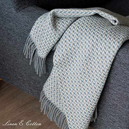 Linen & Cotton Lujo Manta Plaid de Sofá/Cama Valencia - 100% Lana Nueva Zelanda (135 x 205cm) Beige/Azul