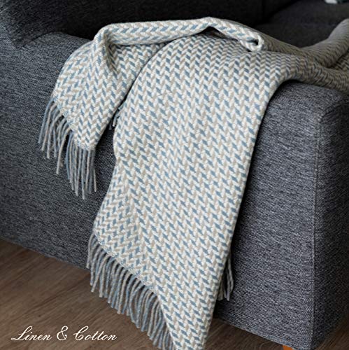 Linen & Cotton Lujo Manta Plaid de Sofá/Cama Valencia - 100% Lana Nueva Zelanda (135 x 205cm) Beige/Azul