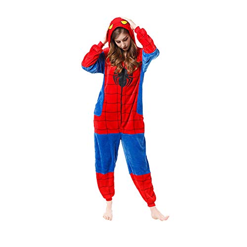 LINLIN Superhéroe Spiderman Ropa de Dormir del Mono de la Franela de una Sola Pieza Pijama de Halloween Homewear Fleece Todo-en-uno Pijamas para Niños Chica,Blue- Adult XL(181~190cm)