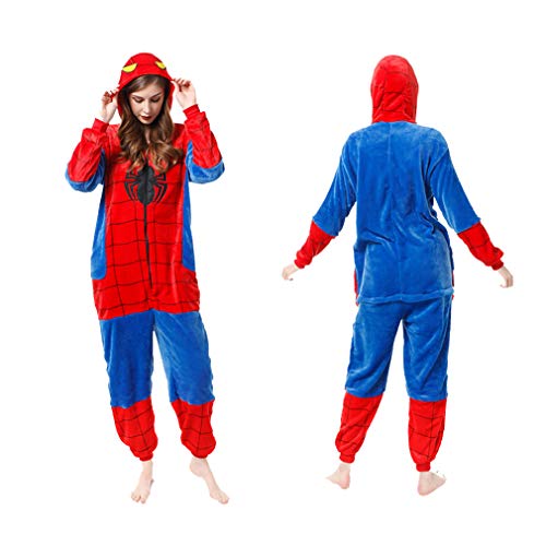 LINLIN Superhéroe Spiderman Ropa de Dormir del Mono de la Franela de una Sola Pieza Pijama de Halloween Homewear Fleece Todo-en-uno Pijamas para Niños Chica,Blue- Adult XL(181~190cm)