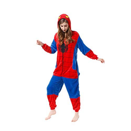 LINLIN Superhéroe Spiderman Ropa de Dormir del Mono de la Franela de una Sola Pieza Pijama de Halloween Homewear Fleece Todo-en-uno Pijamas para Niños Chica,Blue- Adult XL(181~190cm)