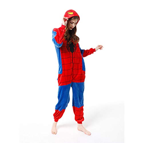 LINLIN Superhéroe Spiderman Ropa de Dormir del Mono de la Franela de una Sola Pieza Pijama de Halloween Homewear Fleece Todo-en-uno Pijamas para Niños Chica,Blue- Adult XL(181~190cm)