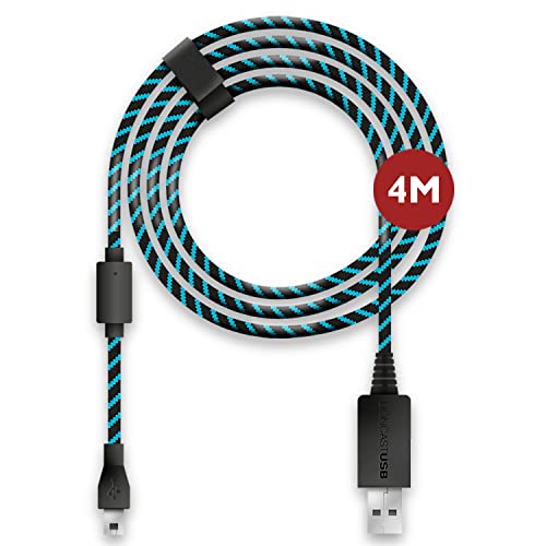 Lioncast Cable de Carga para Controladores Xbox One y PS4 con Forro de Tela y Organizador de Correa para Cable, MicroUSB 2.0; 1 x 4 metros - Azul y Negro