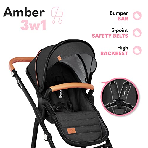 LIONELO Amber Coche de bebé multifuncional 3 en 1 Conjunto silla de paseo con el Asiento de Cubo e Capazo Manillar regulable Bolsa Mosquitero Protector de lluvia Asiento de coche (Gris oscuro)