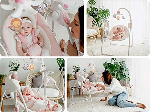 Lionelo Robin Columpio-hamaca para bebé 68 x 68 x 84 cm Niño hasta 9 kg 2 Regulación gradual 8 Velocidades de balanceo 12 Melodías Timer Trabajo silencioso Rosa