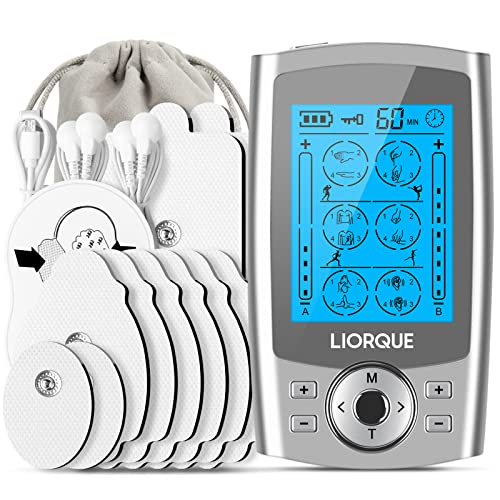 LIORQUE Electroestimulador Muscular, Electroestimulador TENS de Doble Canal, 24 Modos, 10 Piezas de Electrodos TENS, 20 Niveles de Intensidad Para el Alivio del Dolor