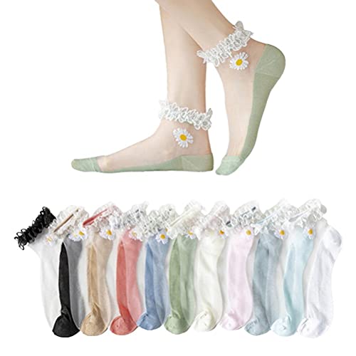 Lipeed 10 pares de calcetines para mujer, tobillos, de verano, de punta, transpirables, de moda, floral, de malla, delgados, suaves