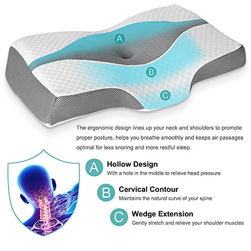 LITSPOT Almohada Cervical - Almohada Viscoelastica Almohada Ergonómica, Almohada Ortopédica para Cama, Almohada Cervical para Relajarse de Dolor del Cuello y Hombro, con Funda Lavable (Gris)