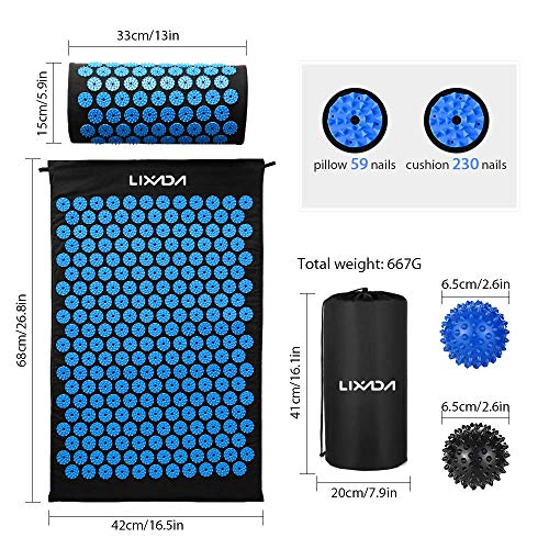 Lixada Estera de Acupresión y Almohada Kit con 2 pcs Bolas de Masaje de Punta para Alivio del Dolor Muscular del Espalda/Cuello/Pies