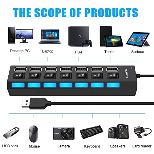 LOBKIN Concentrador USB 7 en 1 Expansor de 7 puertos Puertos múltiples Divisor de concentrador de datos USB 2.0 Interruptores de encendido iluminados individuales Encendido