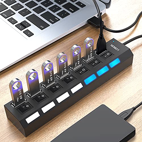 LOBKIN Concentrador USB 7 en 1 Expansor de 7 puertos Puertos múltiples Divisor de concentrador de datos USB 2.0 Interruptores de encendido iluminados individuales Encendido