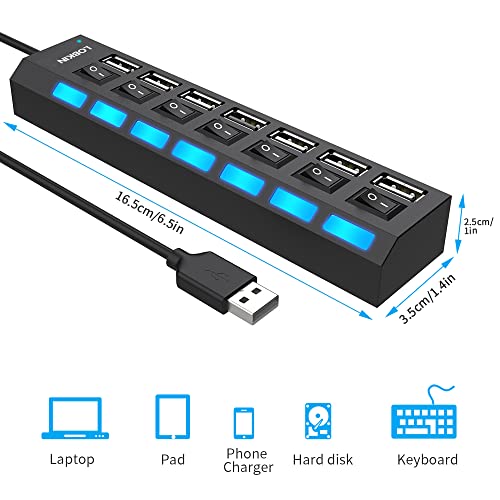 LOBKIN Concentrador USB 7 en 1 Expansor de 7 puertos Puertos múltiples Divisor de concentrador de datos USB 2.0 Interruptores de encendido iluminados individuales Encendido