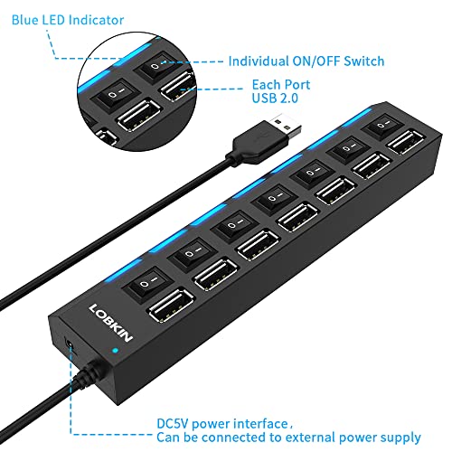 LOBKIN Concentrador USB 7 en 1 Expansor de 7 puertos Puertos múltiples Divisor de concentrador de datos USB 2.0 Interruptores de encendido iluminados individuales Encendido