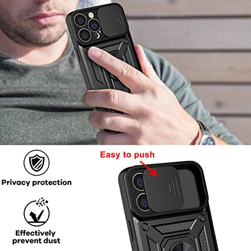 LOCLOUD Funda para iPhone 13 Pro, Protección de la Cámara Carcasa con Cubierta de Cámara Deslizante y Soporte de Anill PC Dura y TPU Silicone Anti-Choque Anti-arañazos Case – Negro