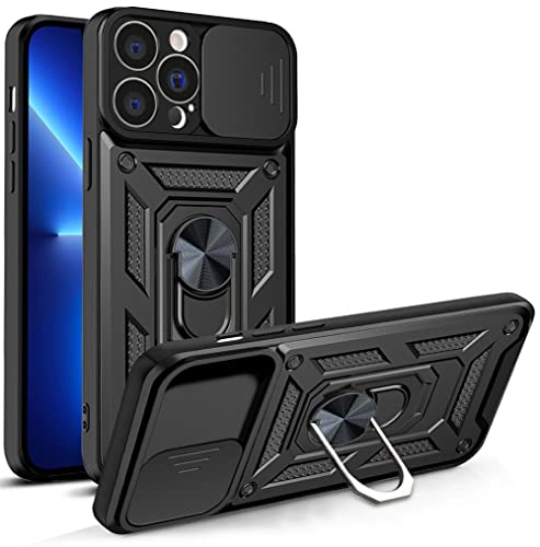 LOCLOUD Funda para iPhone 13 Pro, Protección de la Cámara Carcasa con Cubierta de Cámara Deslizante y Soporte de Anill PC Dura y TPU Silicone Anti-Choque Anti-arañazos Case – Negro