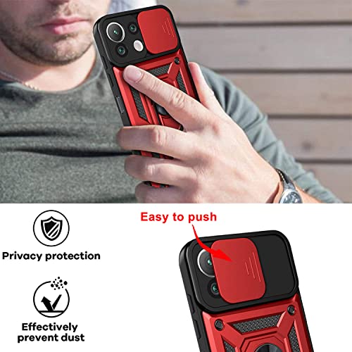 LOCLOUD Funda para Xiaomi Mi 11 Lite 5G / 4G / 5G NE, Protección de la Cámara Carcasa con Cubierta de Cámara Deslizante y Soporte de Anill PC Dura y TPU Silicone Anti-Choque Anti-arañazos Case – Rojo