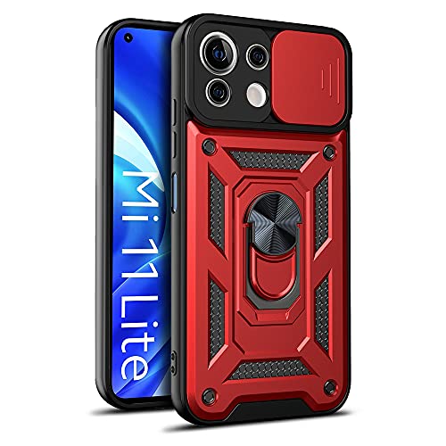 LOCLOUD Funda para Xiaomi Mi 11 Lite 5G / 4G / 5G NE, Protección de la Cámara Carcasa con Cubierta de Cámara Deslizante y Soporte de Anill PC Dura y TPU Silicone Anti-Choque Anti-arañazos Case – Rojo