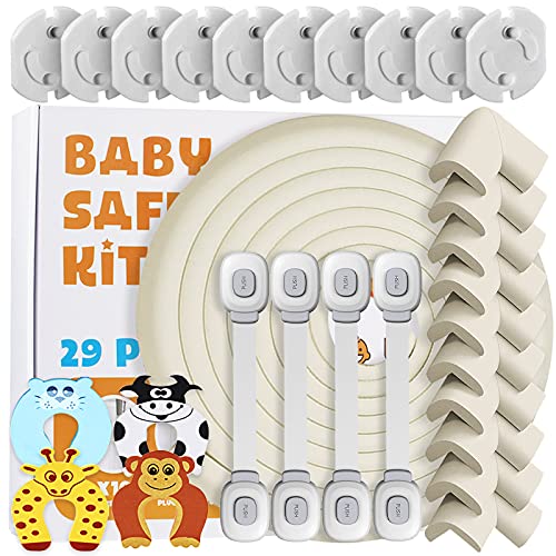 Locn 29 Piezas Kit Seguridad Bebe, 10 Protectores Esquinas Bebes, 10 Seguridad Enchufes Bebes, 5 M Protector de Esquinas y Bordes,4 Seguridad Puertas Niños, 4 Cierres Seguridad Bebe