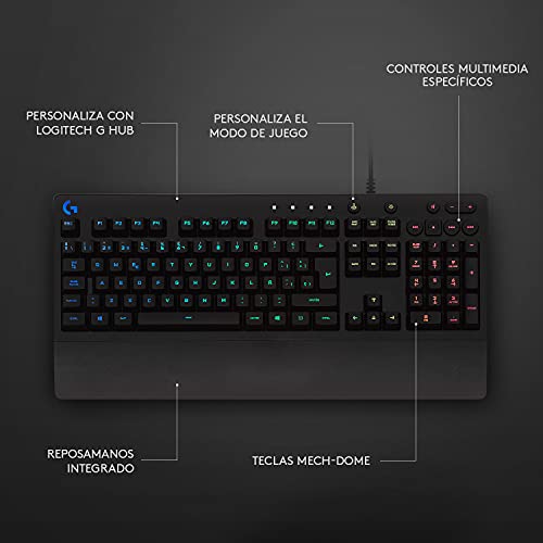 Logitech G213 Prodigy Teclado Gaming, RGB LIGHTSYNC, Teclas retroiluminadas, Resistente a Salpicaduras, Teclas personalizables, Controles Multimedia Dedicados, Disposición QWERTY ES - Negro