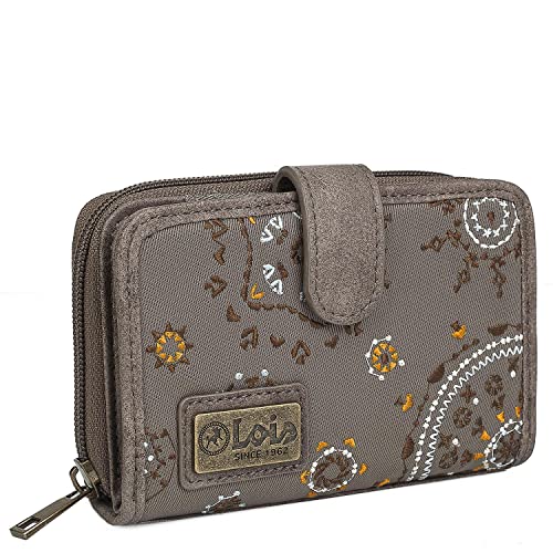 Lois - Cartera de Mujer Pequeña con Bordados y Motivos Mandala de Marca LOIS. Nylon y Cuero Vegano PU para Uso Diario con Cierre Cremallera y Botón. Protección Antiescaneo RFID 304414, Color Marron