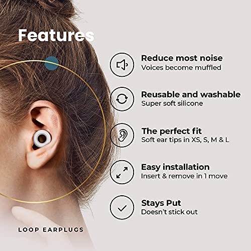 Loop Quiet - Tapones Oídos para dormir – Protección Auditiva de Silicona Suave Reutilizables + 8 Puntas para los Oidos en XS/S/M/L - Reducción Sonido 27dB - Antiruido, Estudiar - Blanco