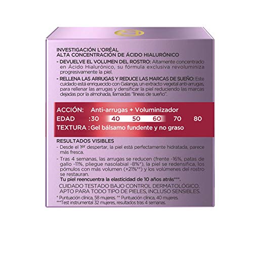 L'Oréal Paris Revitalift Filler Crema de Noche Revitalizante, Antiarrugas y Volumen, Anti-edad, Con Ácido Hialurónico, 50 ml