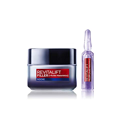 L'Oreal Paris Revitalift Filler Set de 7 Ampollas Rellenadoras y Crema de Noche Revitalizante, con Ácido Hialurónico Puro, 1.3 ml cada Ampolla y 50 ml