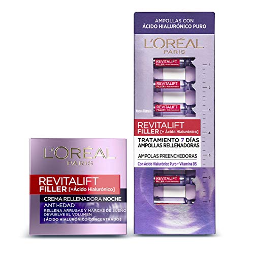 L'Oreal Paris Revitalift Filler Set de 7 Ampollas Rellenadoras y Crema de Noche Revitalizante, con Ácido Hialurónico Puro, 1.3 ml cada Ampolla y 50 ml