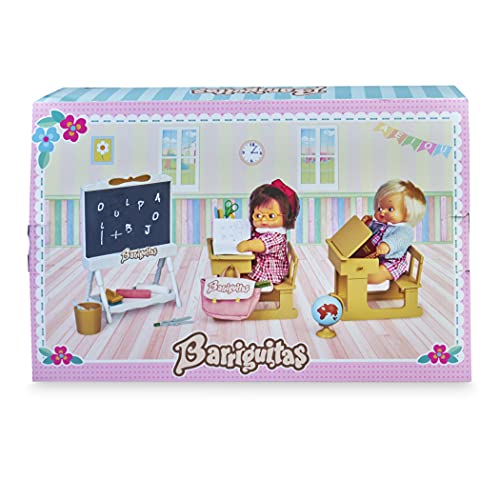 los Barriguitas - Escuela, Juguete Cole clásicas, Incluye 2 escritorios o pupitres, una Pizarra y tizas, muñeca bebé de Siempre y Accesorios como Cuadernos y lápices, Famosa (700016656)