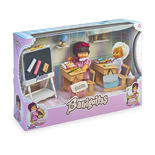 los Barriguitas - Escuela, Juguete Cole clásicas, Incluye 2 escritorios o pupitres, una Pizarra y tizas, muñeca bebé de Siempre y Accesorios como Cuadernos y lápices, Famosa (700016656)