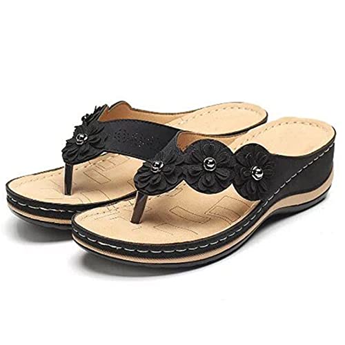 LovePlz Sandalias De Mujer, Sandalias De Mujer, Sandalias Bonitas, Flor Punta Redonda Cuña Punta Abierta Sandalias Antideslizantes Chanclas Calzado Para La Vida Diaria Negro 39