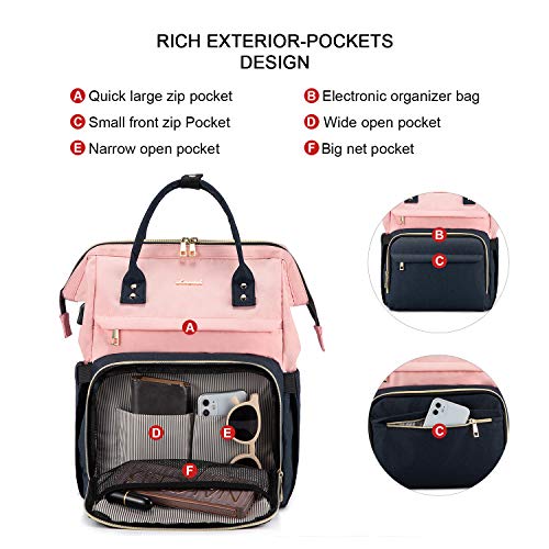 LOVEVOOK Mochila Portátil Mujer, Elegante Mochila Escuela con Compartimento para Portátil de 15,6 Pulgadas, Mochila para Universidad Viajes Trabajo Negocios Profesora, Rosa Azul marino