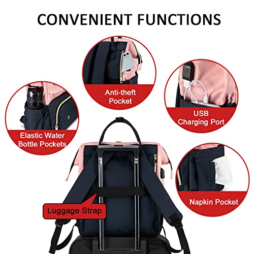 LOVEVOOK Mochila Portátil Mujer, Elegante Mochila Escuela con Compartimento para Portátil de 15,6 Pulgadas, Mochila para Universidad Viajes Trabajo Negocios Profesora, Rosa Azul marino