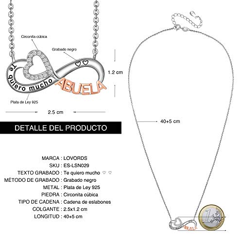 LOVORDS Collar Mujer Grabado Plata de Ley 925 Colgante Infinito y Corazón Regalo Abuela