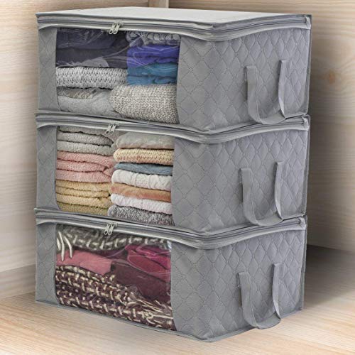 LSNDEE Almacenamiento Ropa Plegable, Cajas De Almacenaje Ropa, Bolsas de para Guardar Edredón, Contenedor De Ropa De Tela, Organizadoras para Edredones Fundas, 48 x 35 x 20 cm, 3 Piezas (Gris)