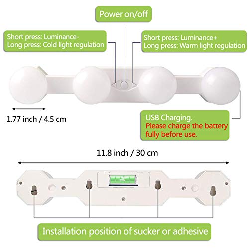 Luces para Espejo de Maquillaje LED Tocador, Kit de Luces de Espejo de Make Up Sin Cuerda Portátil Recargable, 4 Bombillas Regulables Temperatura de Color, para Tocador Baño (Sin Espejo)